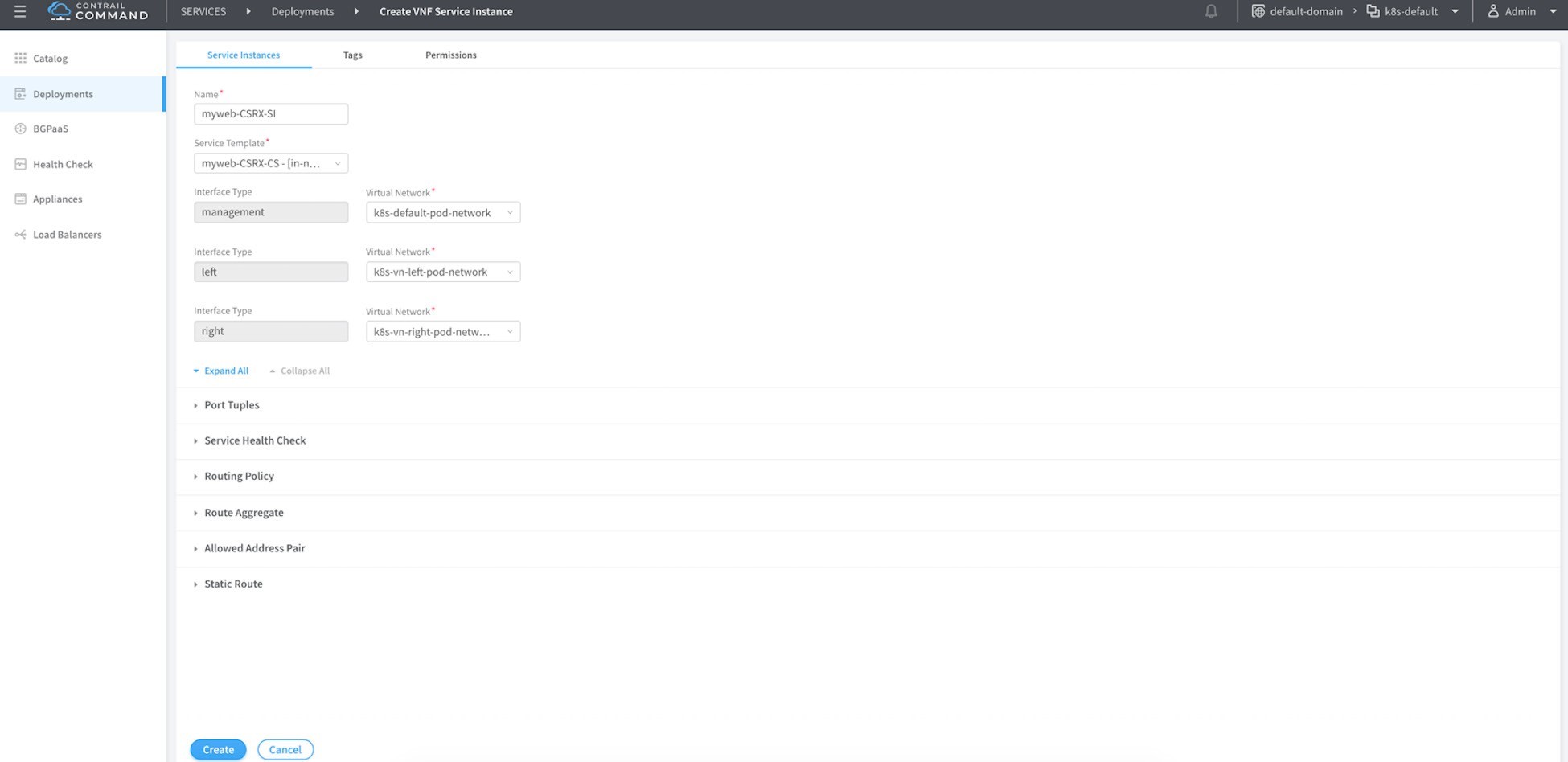 User interface for configuring a VNF Service Instance in Juniper's Contrail Command platform with tabs for Service Instances, Tags, and Permissions; fields for Name, Service Template, and Interface Type; and buttons to Create or Cancel.
