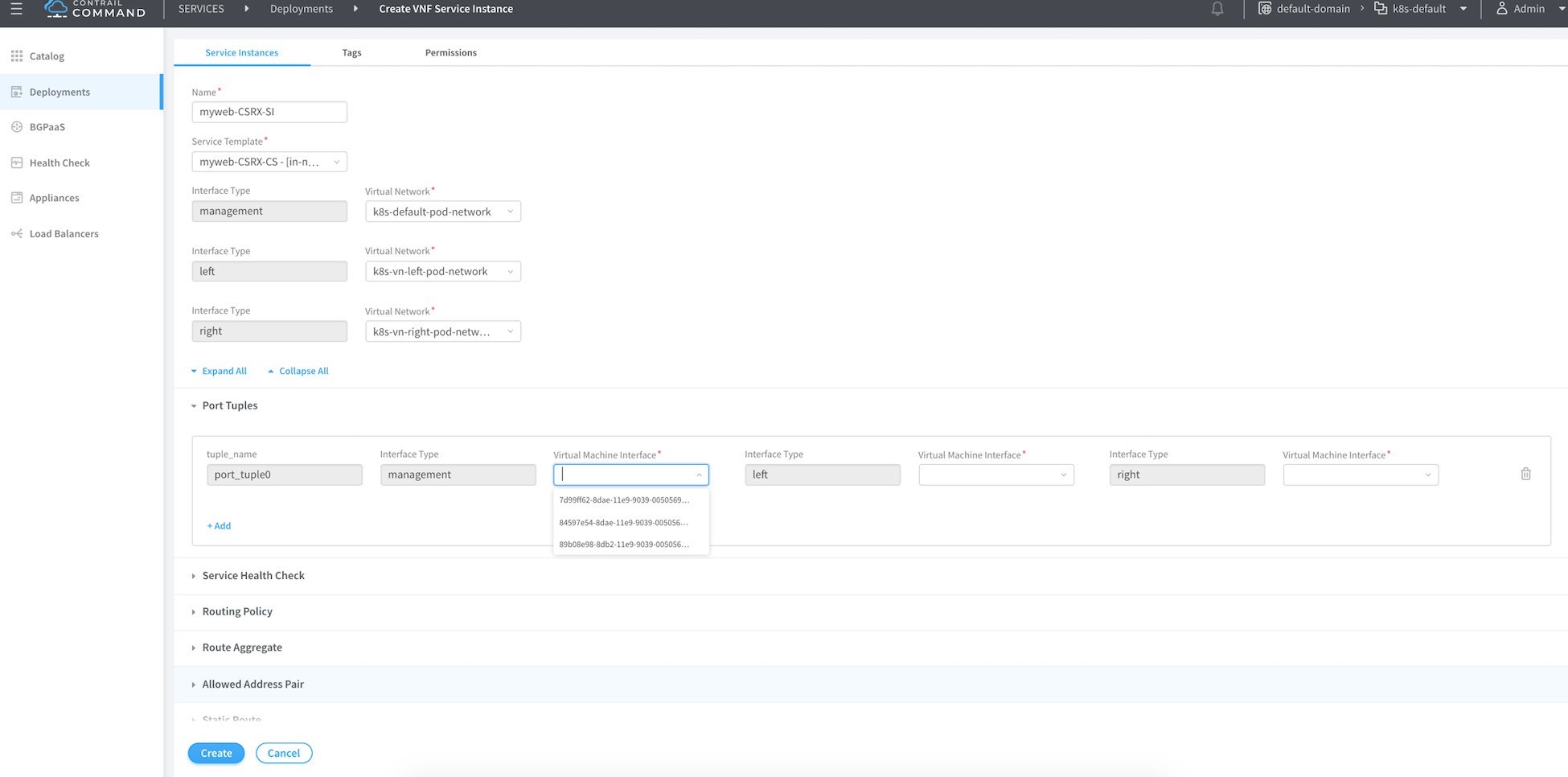 User interface for creating a VNF service instance with fields for name, service template, interface types, port tuples, service health checks, routing policies, route aggregates, allowed address pairs, and static routes.