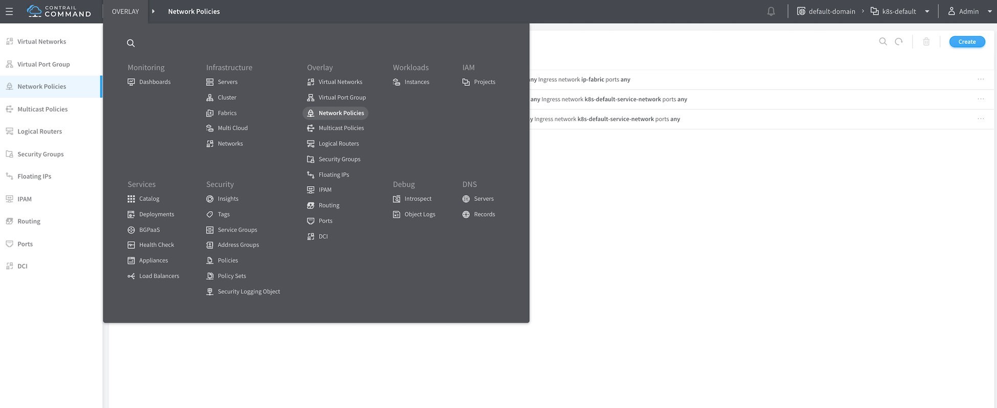 Contrail Command UI for managing Juniper Networks' virtualized environments, highlighting Network Policies in the sidebar with options for monitoring, creating, and deleting policies.