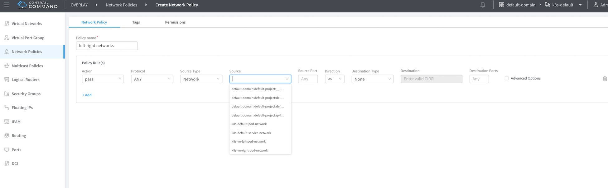 User interface of Contrail Command's Create Network Policy section showing policy named left-right networks. Main panel includes policy rules with action set to pass, protocol to ANY, source type to Network, and source dropdown open. Sidebar lists navigation options like Virtual Networks and Network Policies.