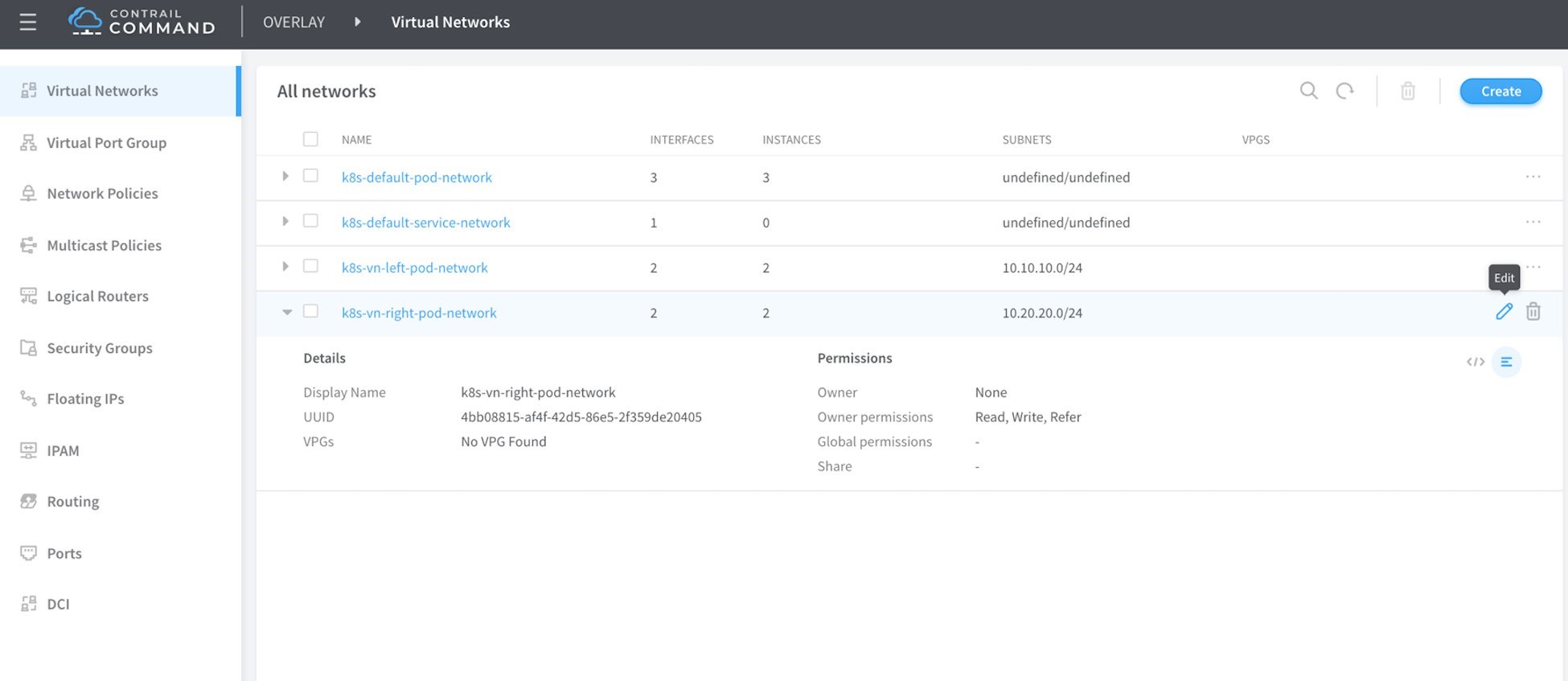 Contrail Command UI showing Virtual Networks section with sidebar menu and main panel listing networks by name, interfaces, instances, subnets, and VPGs. Action buttons for creating, editing, and deleting networks are present.