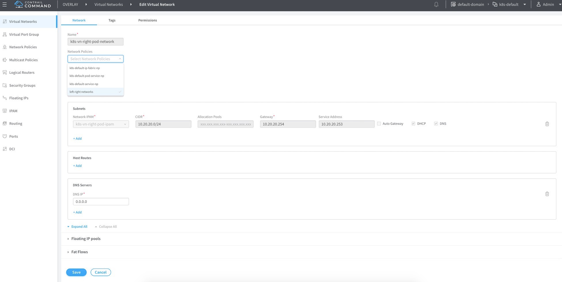 Screenshot of a web-based network management interface for editing a virtual network, featuring navigation menu, main panel titled Edit Virtual Network with Network tab selected, and Network Configuration details including name k8s-vn-right-pod-network, subnet settings, and action buttons Save and Cancel.
