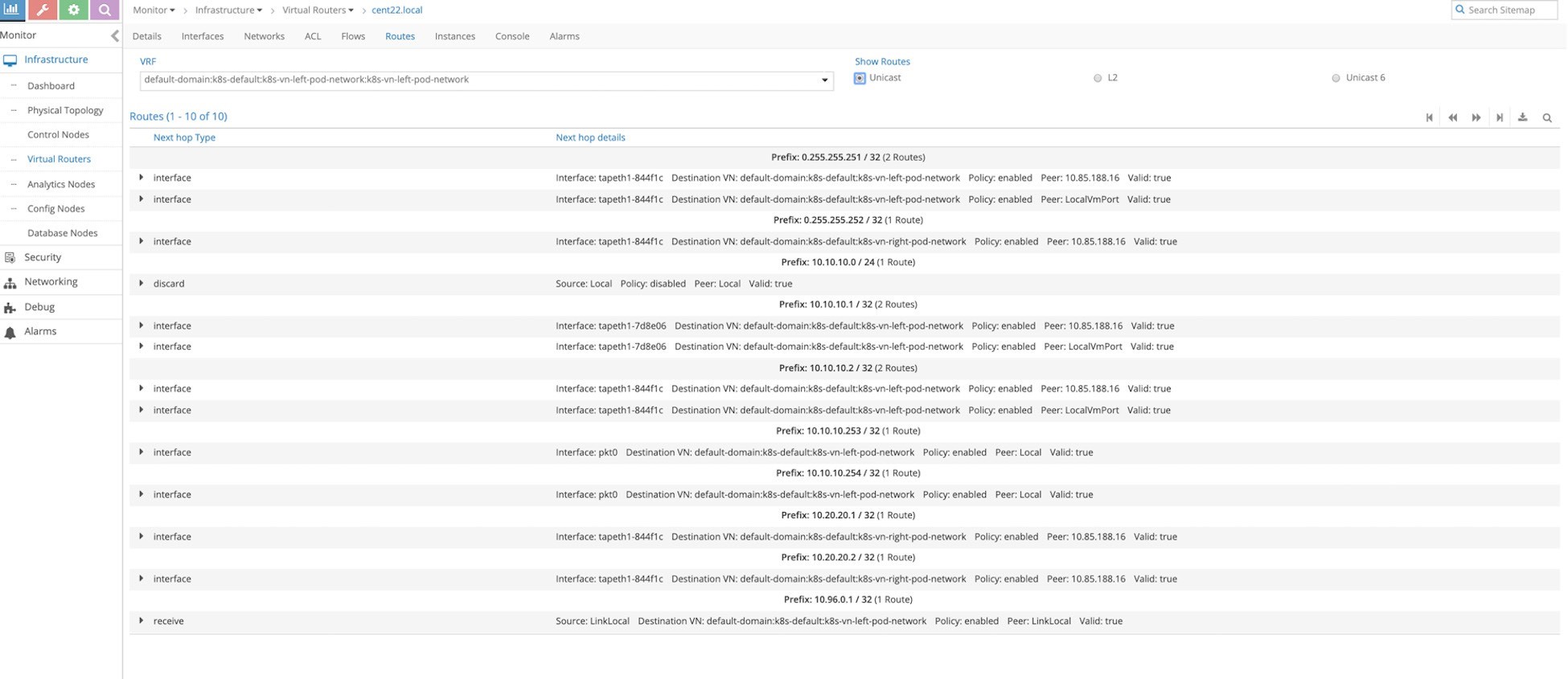 Screenshot of a network interface showing routing for virtual router cent22.local. Displays routing table with next hop types, details, prefixes like 10.10.10.0/24. Navigation menu on left includes Infrastructure and Networking.