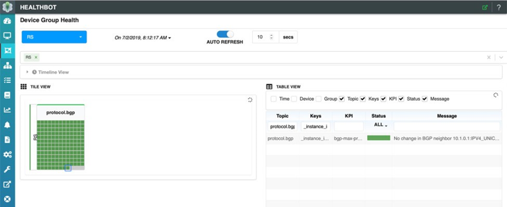HealthBot dashboard showing 'Device Group Health' with BGP protocol status. Timestamp 7/20/2019, 8:12:17 AM. Auto-refresh ON every 10 seconds. Green grid indicates BGP functioning normally. Table lists BGP metrics with healthy status.