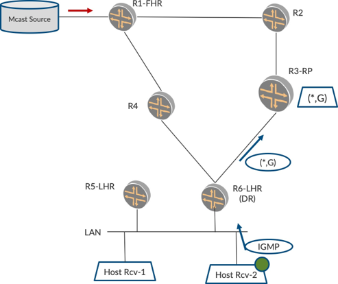 Network diagram showing multicast setup with Mcast Source sending data to routers R1-FHR, R2, R3-RP, R4, R5-LHR, R6-LHR DR. LAN connects routers to Hosts Rcv-1 and Rcv-2. IGMP manages multicast group memberships.