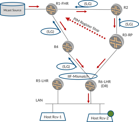 Multicast network topology showing traffic flow using PIM. Includes multicast source, routers R1-FHR, R2, R3-RP, R4, R5-LHR, R6-LHR, multicast stream S,G, and hosts Rcv-1, Rcv-2. Red and blue arrows indicate traffic and control messages.