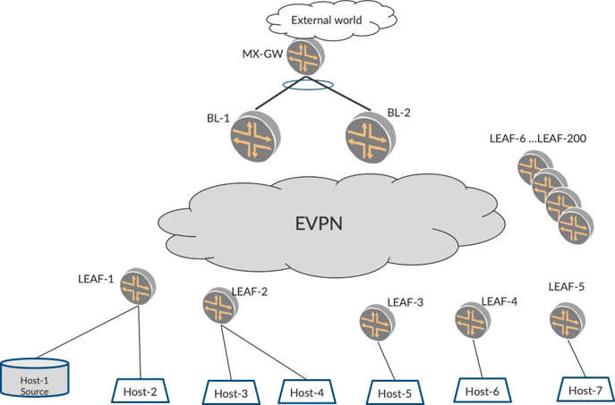 EVPN architecture diagram with components: external network, MX-GW gateway, BL-1 and BL-2 border leaf devices, EVPN cloud, LEAF devices, and hosts.