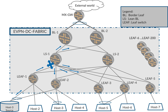 Network topology diagram for EVPN Data Center Fabric showing hierarchical switches and hosts, with data flow paths and Layer 2/3 connectivity.