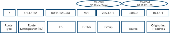 EVPN route advertisement for multicast traffic; includes Route Type 7, unique RD, ESI, E-TAG, multicast group, source IP, and originating IP address.