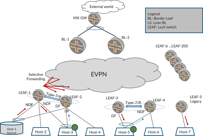 Network topology diagram illustrating an EVPN architecture with Border Leaf switches, Leaf switches, hosts, and selective forwarding.