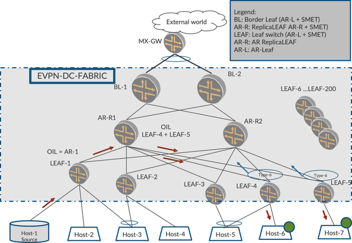 Network topology diagram of an EVPN Data Center Fabric showing hierarchical structure: MX-GW gateway, BL border leaf switches, AR access routers, leaf switches, hosts, OIL configuration, Type-6 connections, and external network cloud.
