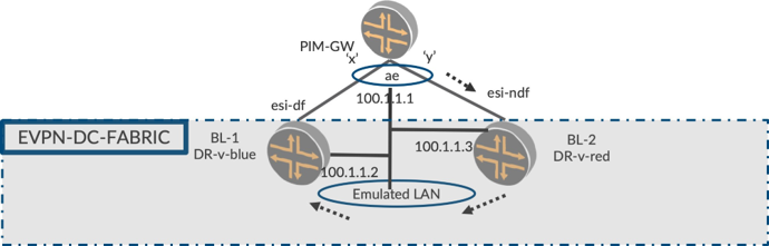 Network topology diagram displaying an EVPN Data Center Fabric with bridge leaf nodes DR-v-blue and DR-v-red, PIM-GW gateway, emulated LAN, IP addresses, and ESI roles.