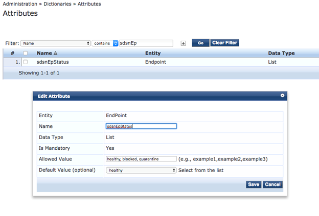 Configuration interface for managing software attributes. The table shows sdsnEpStatus attribute for Endpoint entity with List data type. Filter searches for sdsnEp. Edit panel allows changes to entity, name, data type, mandatory status, and allowed values. Save and Cancel buttons are present.