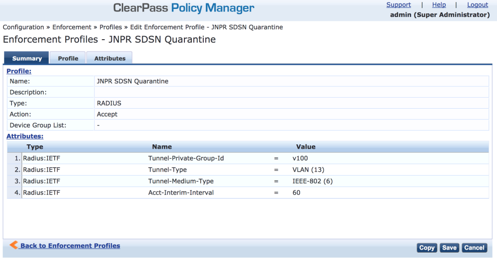 Screenshot of ClearPass Policy Manager showing enforcement profile JNPR SDSN Quarantine with RADIUS type, accept action, VLAN v100, IEEE-802, and buttons for Copy, Save, Cancel.
