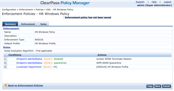ClearPass Policy Manager showing HR Windows Policy configuration with RADIUS enforcement type and default HR Windows Profile. Rules: block if endpoint status is blocked; quarantine if status is quarantine; apply HR Windows Profile if department is HR. Options to copy, save, or cancel.
