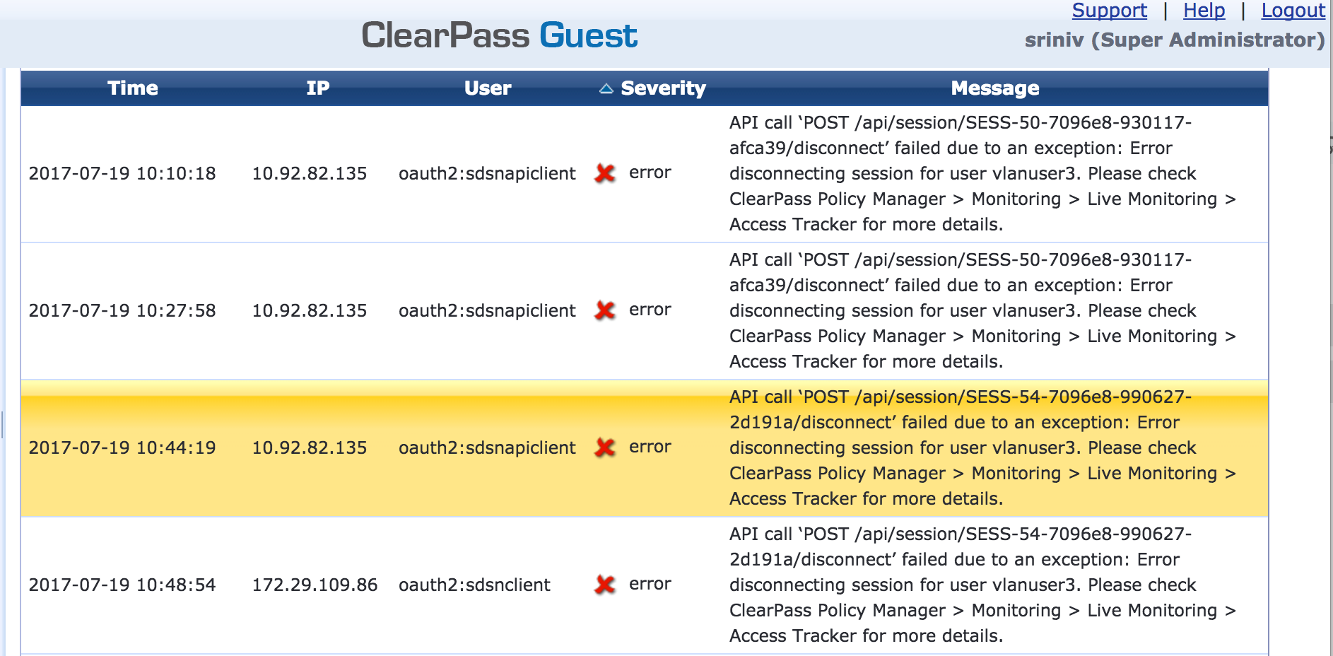ClearPass Guest interface screenshot showing API call errors for disconnecting user sessions, highlighting a specific error for vlanuser3 with a red X severity mark.