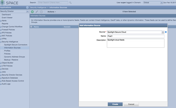 Add Information Source dialog in Juniper Networks Junos Space Security Director with Spotlight Secure Cloud selected and fields for Name: Phad1 and Description: Spotlight cloud feeds.