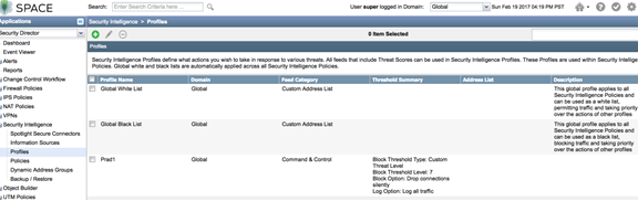 Screenshot of Junos Space Security Director showing Security Intelligence Profiles. Lists profiles like Global White List and Global Black List with details on domain, feed category, and threshold summary.