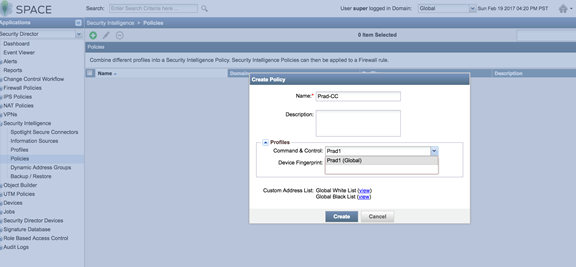 Junos Space Security Director interface showing the Create Policy dialog in Security Intelligence for managing security policies.