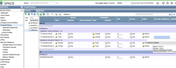 Firewall management interface from Juniper Networks showing rules for traffic between zones like Untrust to Trust, including services like Ping/ICMP.