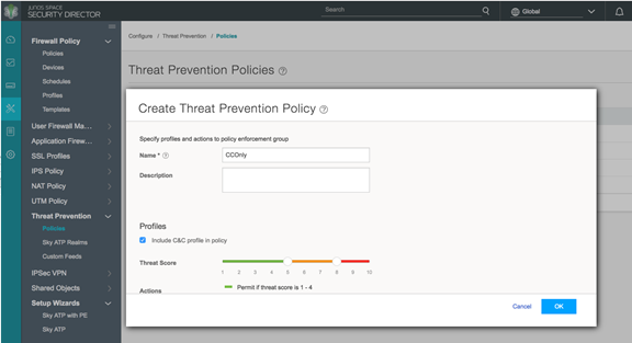 Create Threat Prevention Policy interface in Juniper Networks Security Director showing name and description fields, C&C profile checkbox, threat score scale, actions, and navigation panel.