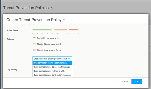 Configuration interface for Threat Prevention Policy with threat score actions: Permit 1-4, Monitor 5-7, Block 8-10. Options for handling threats and log settings included.