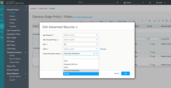 Editing advanced security settings in Security Director for Campus-Edge-Policy, with options for App Firewall, SSL Forward Proxy, IPS, UTM, and threat prevention policy selection.