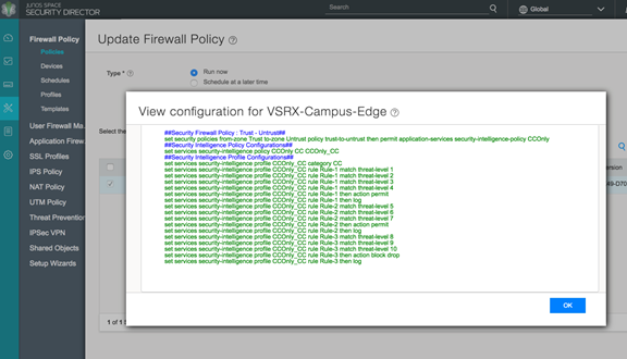 Updating firewall policy for VSRX-Campus-Edge in Juniper Networks Security Director with options for immediate or scheduled update.