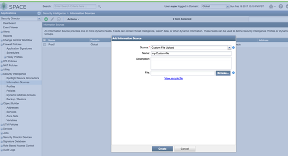 Junos Space Security Director interface for configuring Security Intelligence and Information Sources, showing Add Information Source pop-up for custom file upload.