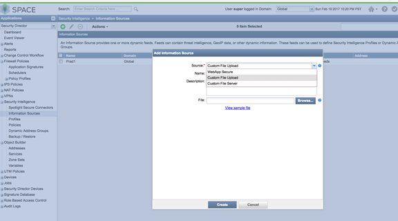 Security Intelligence - Information Sources interface; user adds source with type Custom File Upload, name WebApp Resource, description Custom File Upload, and options to browse file or view sample.