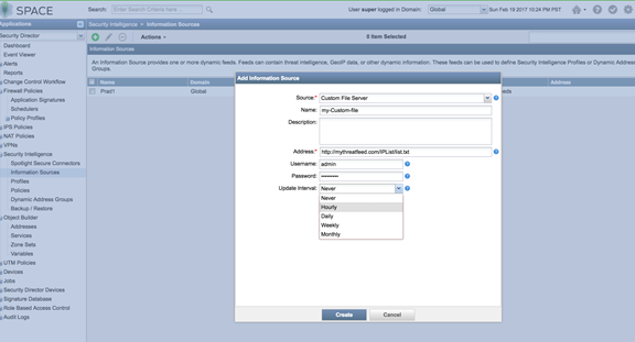 Add Information Source interface in SPACE security tool with fields for source type, name, description, URL, credentials, and update interval.