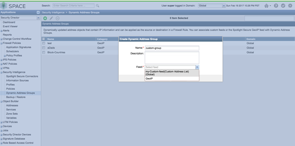Dynamic Address Groups interface in Junos Space Security Director with Create Dynamic Address Group dialog open, fields Name, Description, and Feeds visible.