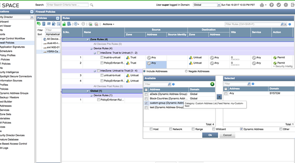 Firewall policy configuration screen of Junos Space Security Director showing navigation panel, rules table, and rule configuration pop-up window.