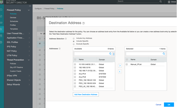 Firewall policy configuration interface in Juniper Networks Security Director showing Destination Address options with address selection, available addresses, selected addresses, and add new address button.