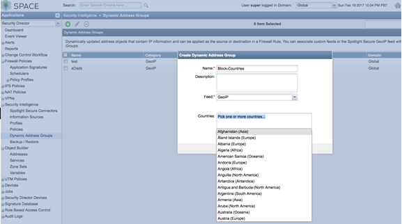Creating Dynamic Address Group named Block-Countries in SPACE security platform with GeoIP feed type and country selection dropdown open.