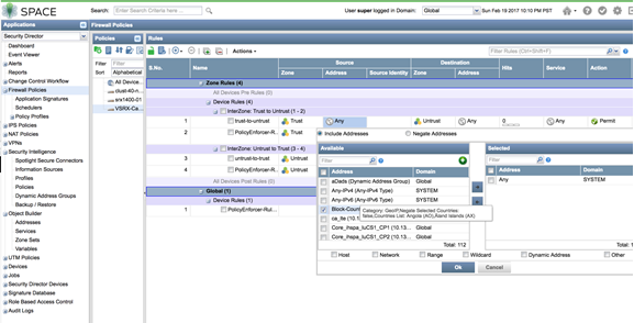 Junos Space Security Director firewall policy screen showing navigation sidebar, firewall rules, and address selection pop-up.