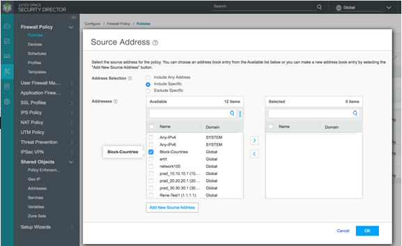 Configuration interface for defining source addresses in Juniper Networks Security Director. Options: Include Any Address, Include Specific, Exclude Specific. Buttons: Add New Source Address, OK, Cancel.