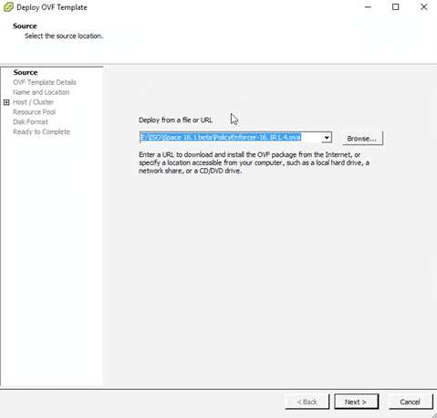 Deploy OVF Template wizard in VMware vSphere, selecting source location for OVF file Space-16.1-beta-PolicyEnforcer-16.1R1.4.ova with navigation buttons.