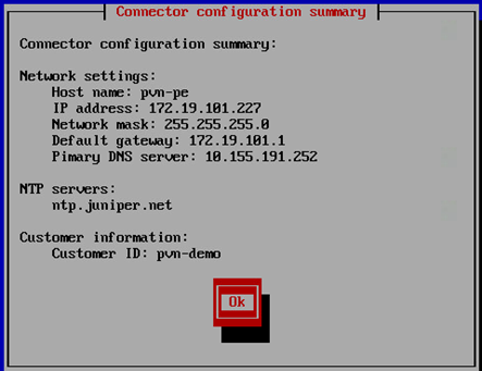 Configuration summary screen showing network settings with host name pvm-pe, IP address 172.19.101.227, and a red Ok button.