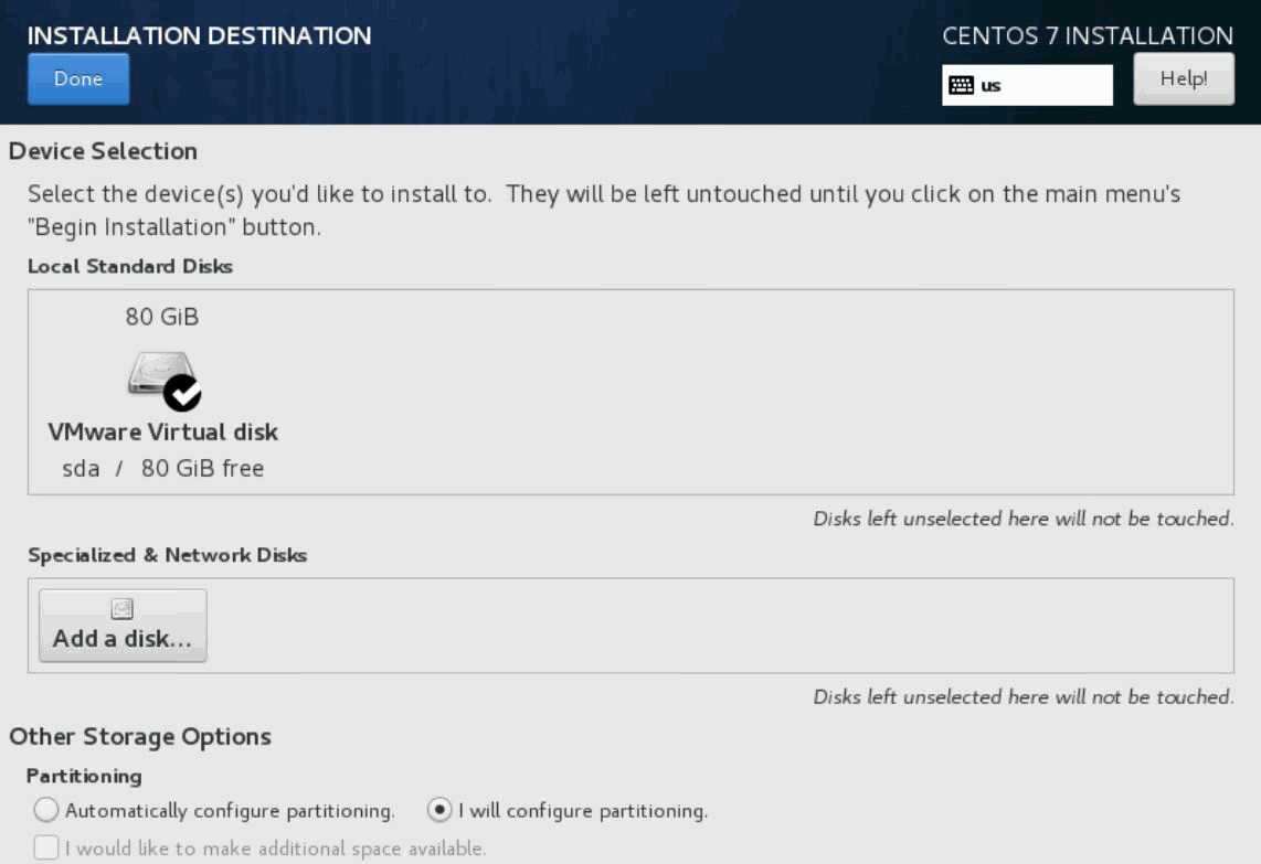 CentOS 7 Installation Destination screen showing VMware Virtual Disk sda with 80 GiB selected. "I will configure partitioning" is chosen.