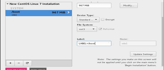 Configuring CentOS Linux 7 /boot partition with 967 MiB space, ext3 file system, standard partition type, and label set as LABEL=/boot.
