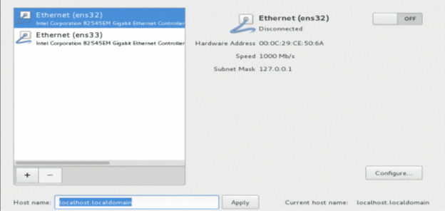 Network configuration interface showing Ethernet ens32 selected, status disconnected, MAC 00:0C:29:CE:50:6A, speed 1000 Mb/s, subnet mask 127.0.0.1, with hostname localhost.localdomain.
