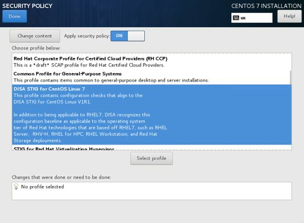 Security Policy configuration screen during CentOS 7 installation. Apply security policy is ON. DISA STIG profile for CentOS 7 is selected.