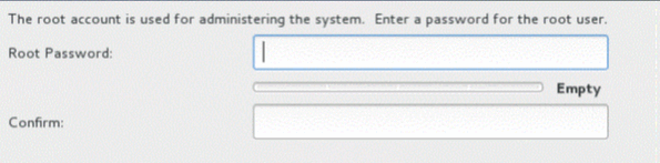 Root password setup interface with fields for entering and confirming the root password during system installation.