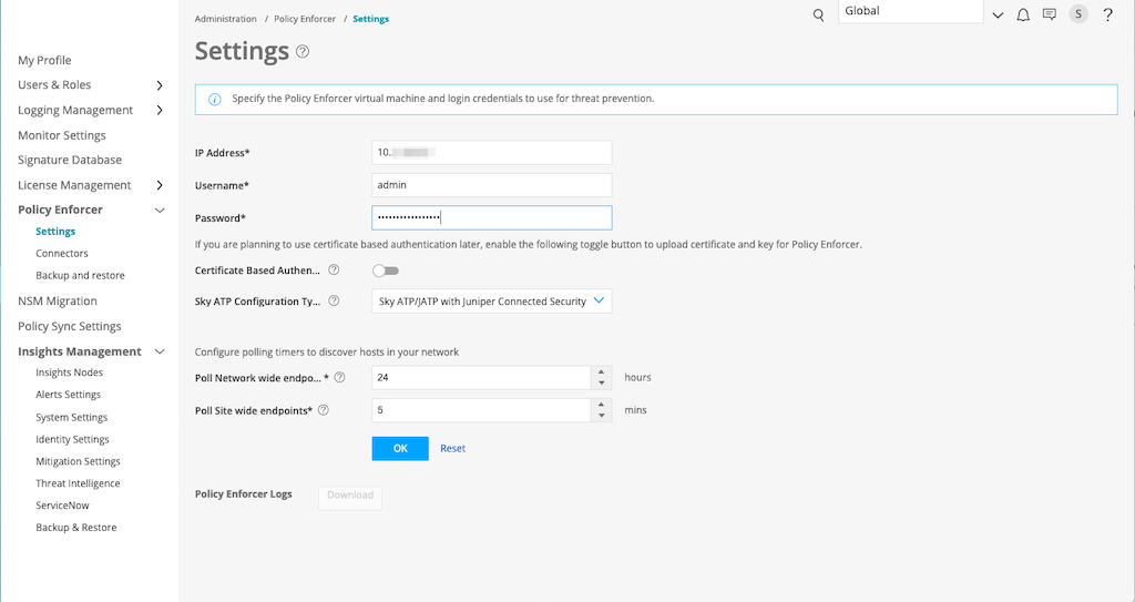 Settings page for Policy Enforcer in network management interface with fields for IP address, username, password, certificate-based authentication, Sky ATP, and polling timers.