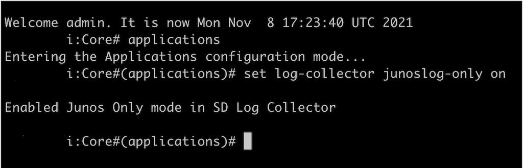Command-line interface showing command execution: set log-collector junoslog-only on. Confirmation: Enabled Junos Only mode in SD Log Collector.