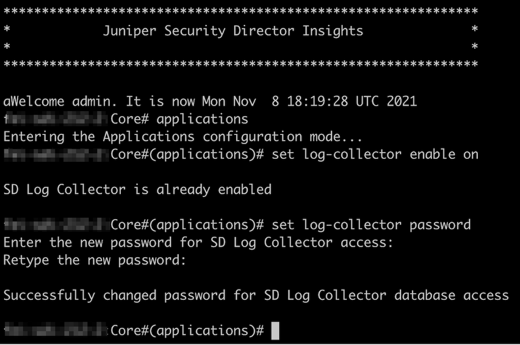 Juniper Security Director Insights CLI session configuring SD Log Collector with commands for enabling log collector and changing database password.
