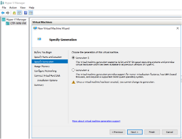 New Virtual Machine Wizard in Hyper-V Manager at the Specify Generation step. Options: Generation 1 for basic features, Generation 2 for advanced features. Warning: Generation cannot be changed after creation.