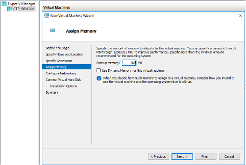 Assign Memory step in Hyper-V Wizard. Startup memory set to 700 MB. Option to enable Dynamic Memory. Navigation buttons: Previous, Next, Finish, Cancel.
