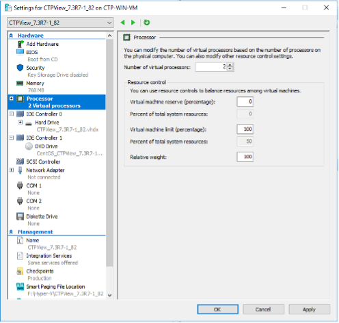 Settings window in Hyper-V Manager showing Processor configuration for virtual machine CTPView_7.3R7-1_82. Two virtual processors, 0 percent reserve, 100 percent limit.
